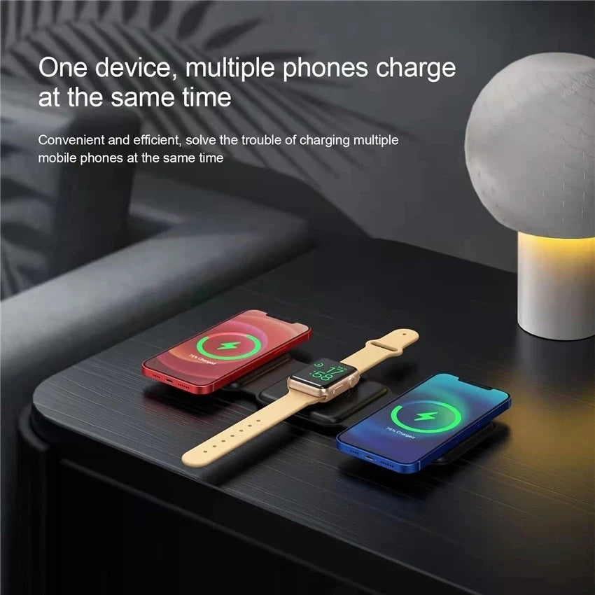 Premium 3 In 1 Wireless Charger Foldable MagSafe Compatible 15W Fast Charging Station Magnetic Portable Dock for Smartphone Watch and Earbuds
