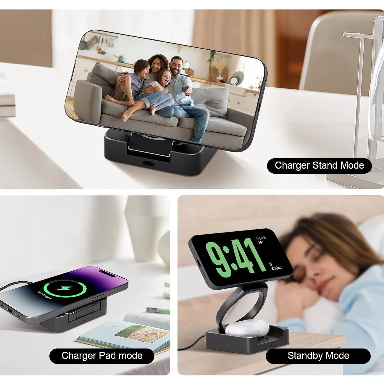 Premium 3 In 1 Wireless Charger Foldable MagSafe Compatible 15W Fast Charging Station Magnetic Portable Dock for Smartphone Watch and Earbuds