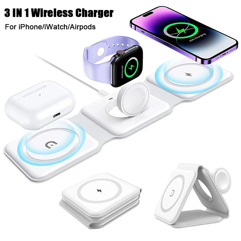 Premium 3 In 1 Wireless Charger Foldable MagSafe Compatible 15W Fast Charging Station Magnetic Portable Dock for Smartphone Watch and Earbuds