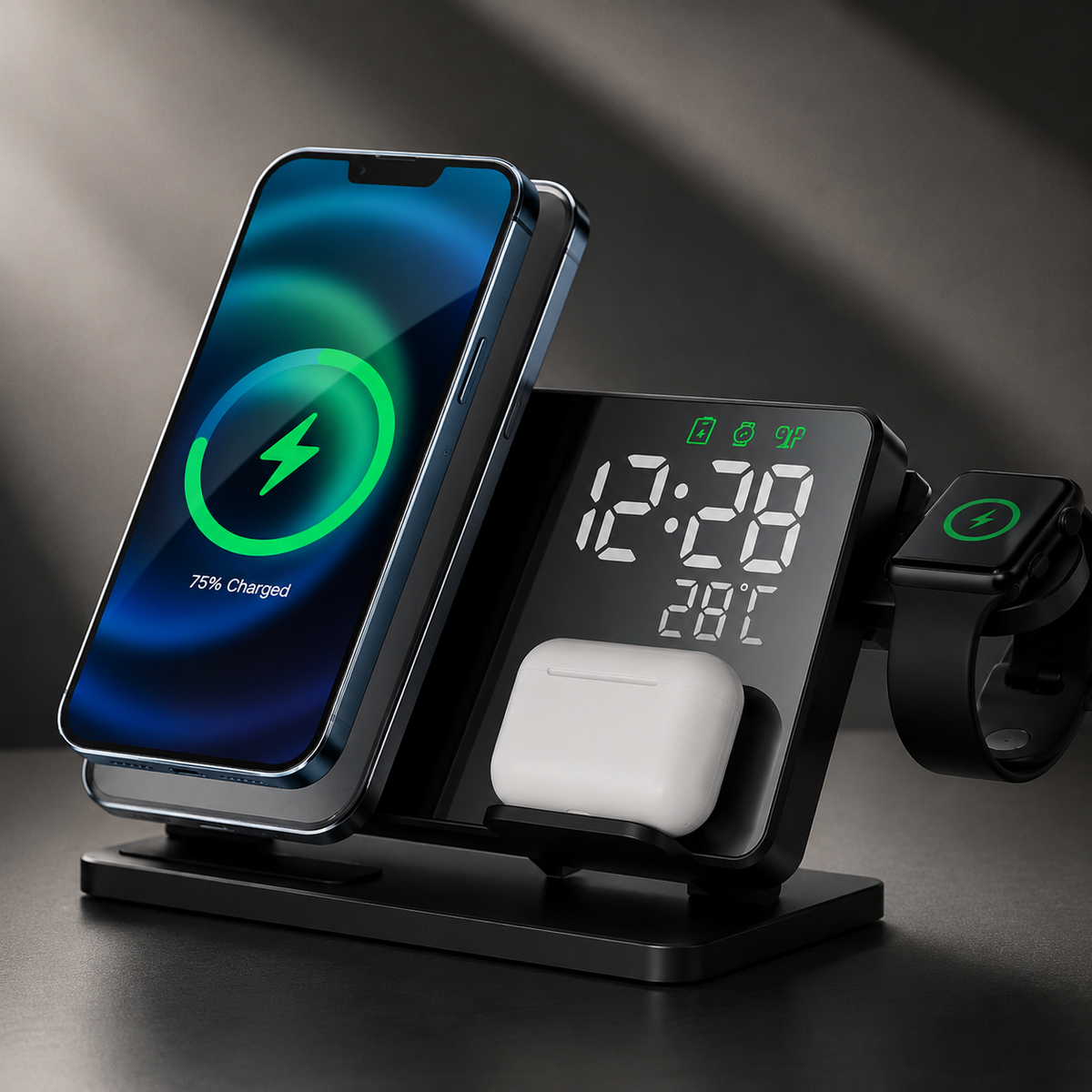 Premium 3-in-1 Wireless Charger Fast Charging Station Multi Device Charging Dock with Clock for Smartphone Watch Earbuds USB-C Desktop Stand Organizer