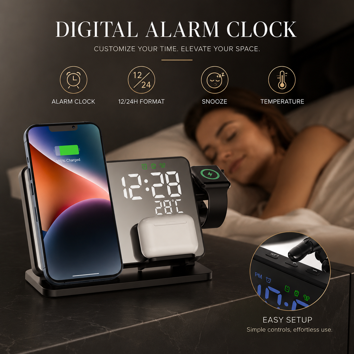 Premium 3-in-1 Wireless Charger Fast Charging Station Multi Device Charging Dock with Clock for Smartphone Watch Earbuds USB-C Desktop Stand Organizer