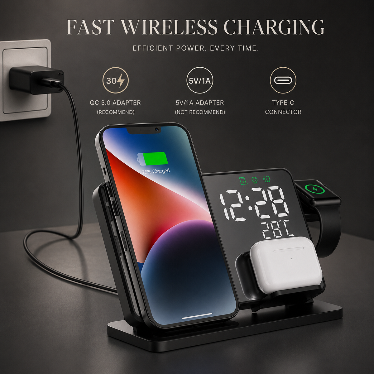 Premium 3-in-1 Wireless Charger Fast Charging Station Multi Device Charging Dock with Clock for Smartphone Watch Earbuds USB-C Desktop Stand Organizer