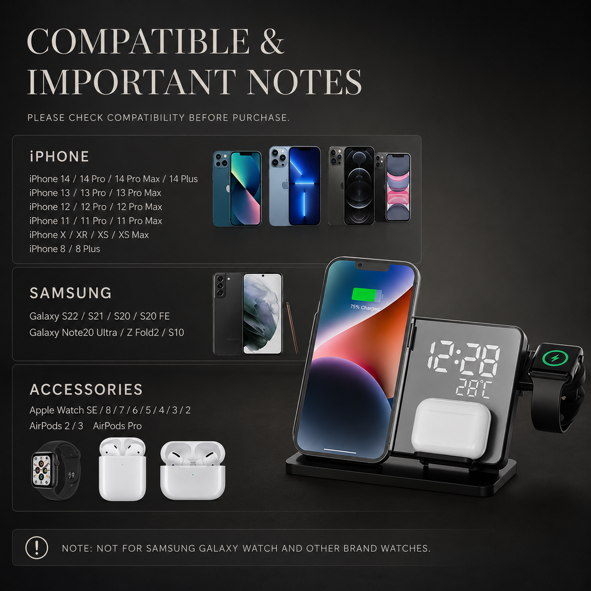 Premium 3-in-1 Wireless Charger Fast Charging Station Multi Device Charging Dock with Clock for Smartphone Watch Earbuds USB-C Desktop Stand Organizer