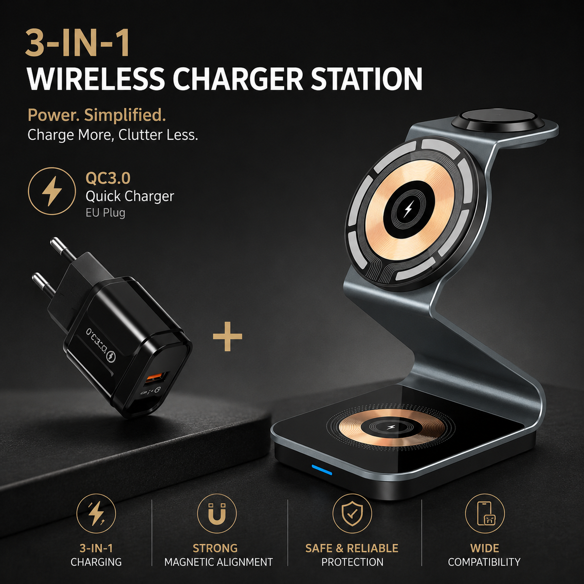 Premium 3-in-1 Wireless Charger Foldable Aluminum Charging Station MagSafe Compatible 15W Fast Magnetic Charging Dock Portable Desktop Stand Hub