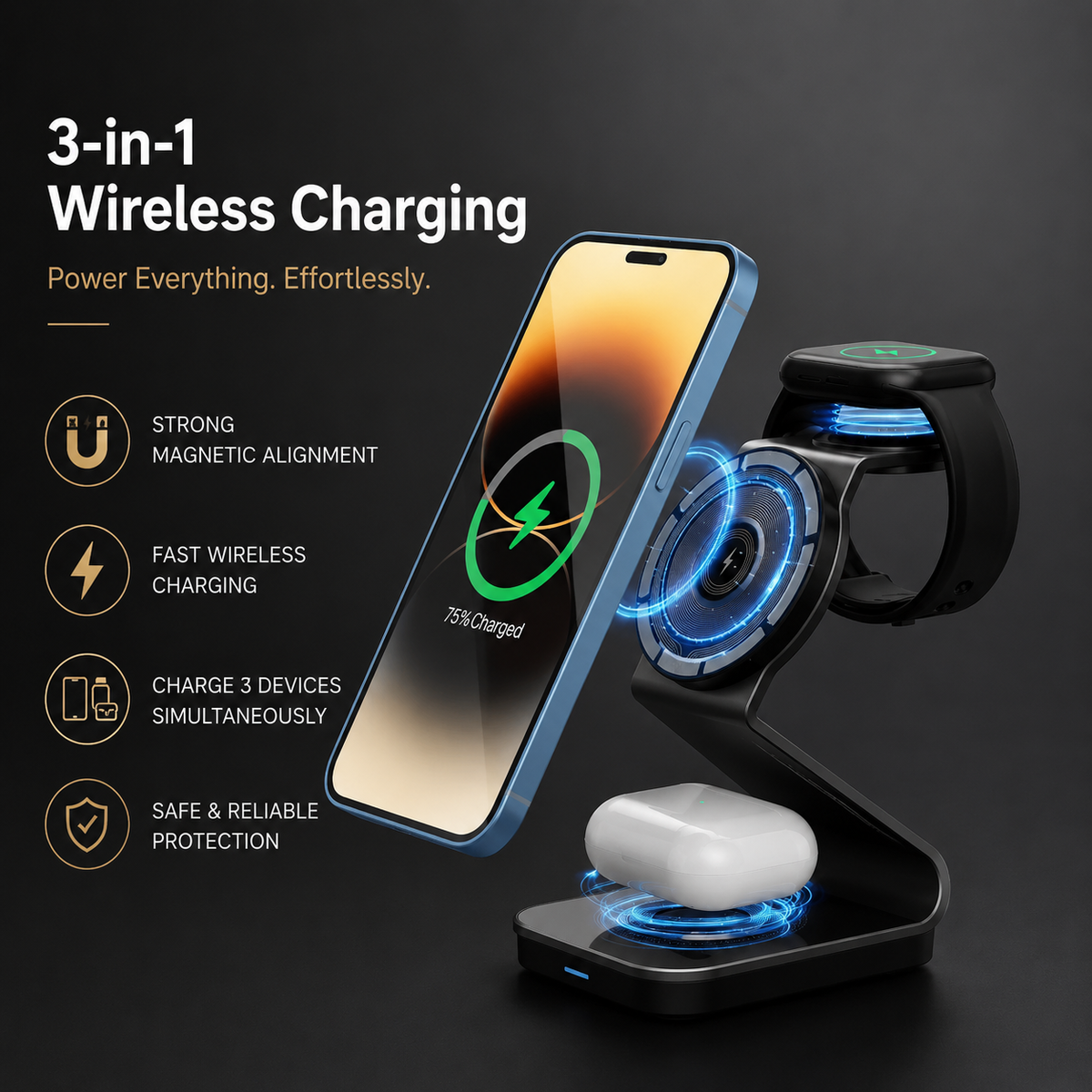 Premium 3-in-1 Wireless Charger Foldable Aluminum Charging Station MagSafe Compatible 15W Fast Magnetic Charging Dock Portable Desktop Stand Hub
