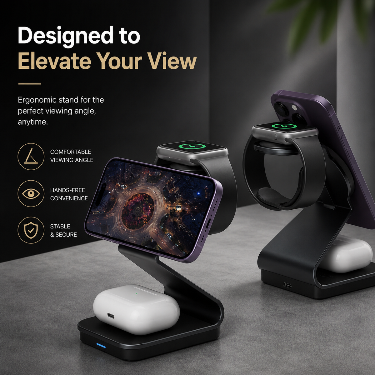 Premium 3-in-1 Wireless Charger Foldable Aluminum Charging Station MagSafe Compatible 15W Fast Magnetic Charging Dock Portable Desktop Stand Hub