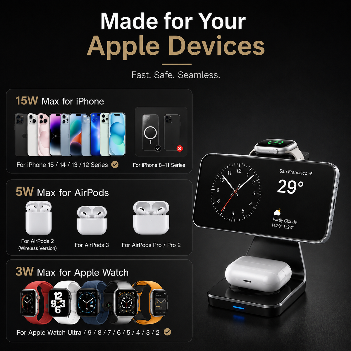 Premium 3-in-1 Wireless Charger Foldable Aluminum Charging Station MagSafe Compatible 15W Fast Magnetic Charging Dock Portable Desktop Stand Hub