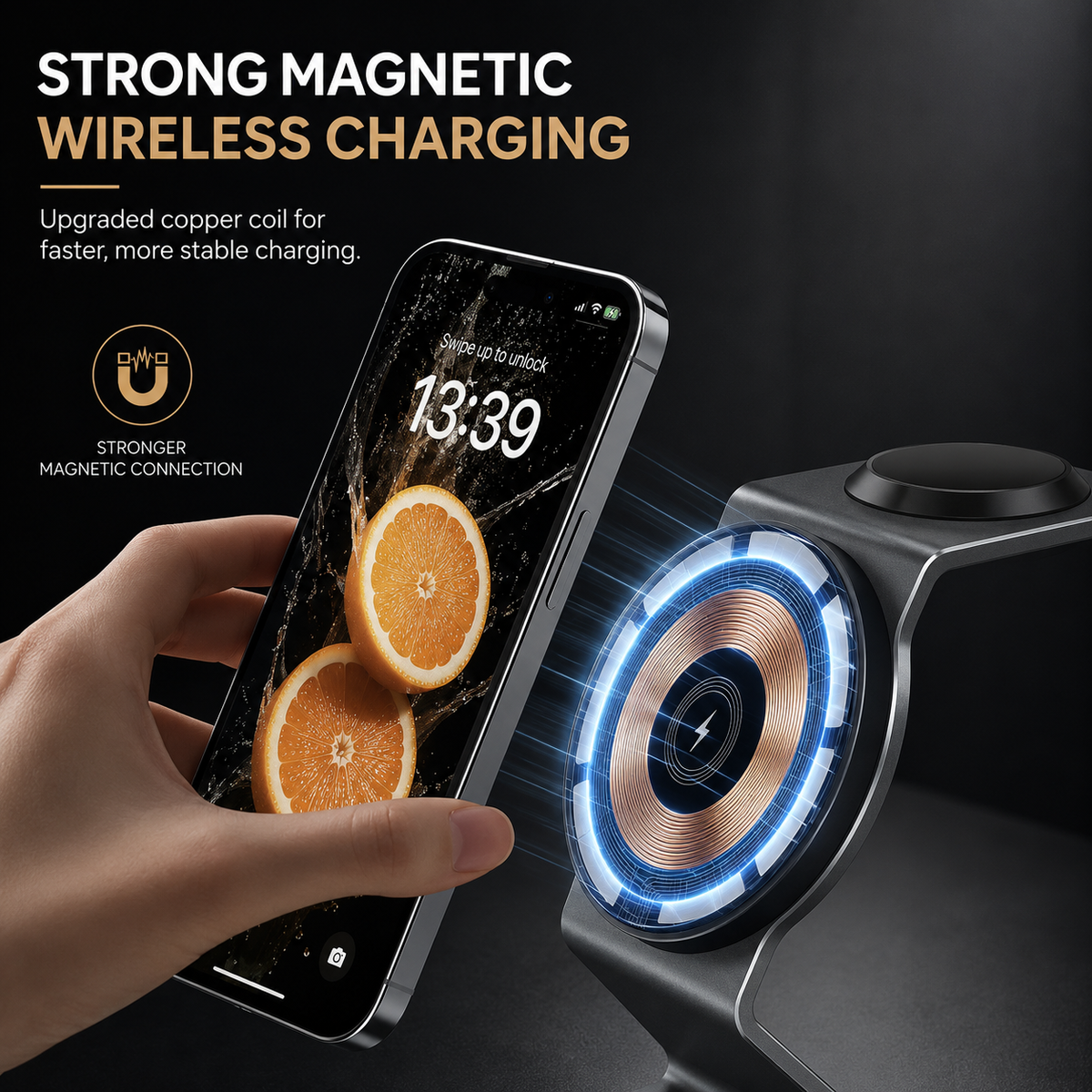 Premium 3-in-1 Wireless Charger Foldable Aluminum Charging Station MagSafe Compatible 15W Fast Magnetic Charging Dock Portable Desktop Stand Hub