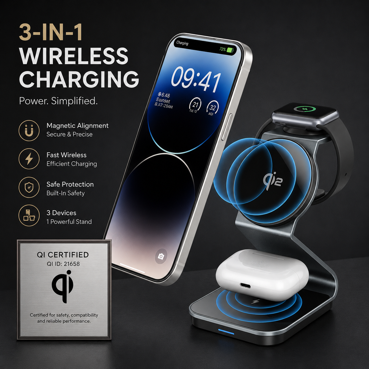 Premium 3-in-1 Wireless Charger Foldable Aluminum Charging Station MagSafe Compatible 15W Fast Magnetic Charging Dock Portable Desktop Stand Hub