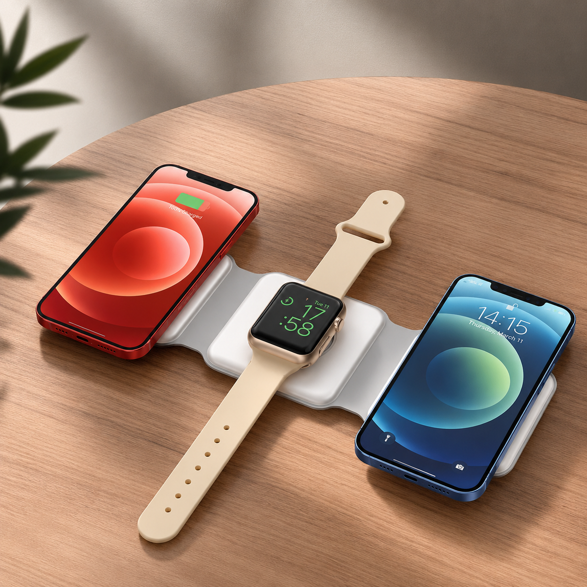 Premium 3-in-1 Wireless Charger Foldable MagSafe Compatible 15W Fast Charging Station Magnetic Portable Dock for Smartphone Watch Earbuds USB-C Holder