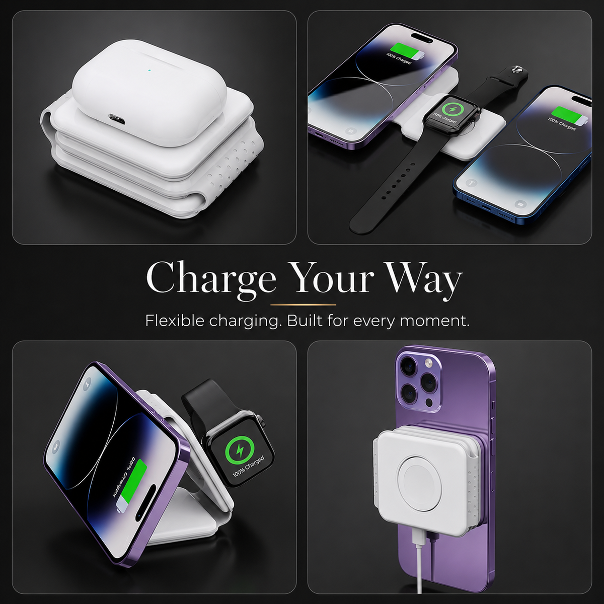 Premium 3-in-1 Wireless Charger Foldable MagSafe Compatible 15W Fast Charging Station Magnetic Portable Dock for Smartphone Watch Earbuds USB-C Holder