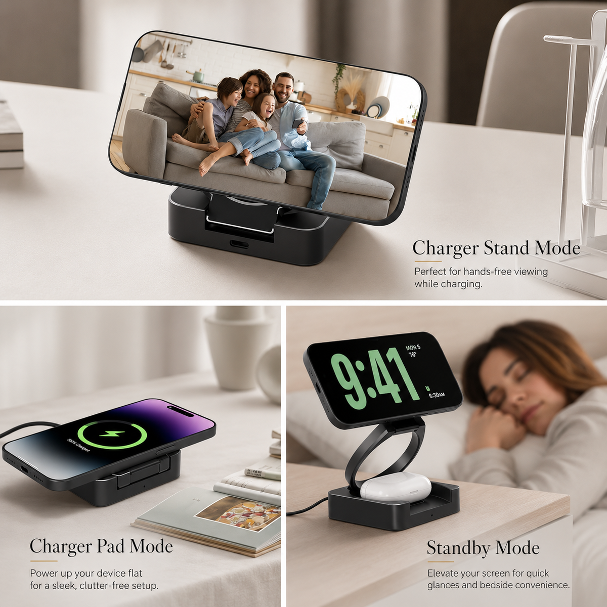 Premium 3-in-1 Wireless Charger Foldable MagSafe Compatible 15W Fast Charging Station Magnetic Portable Dock for Smartphone Watch Earbuds USB-C Holder