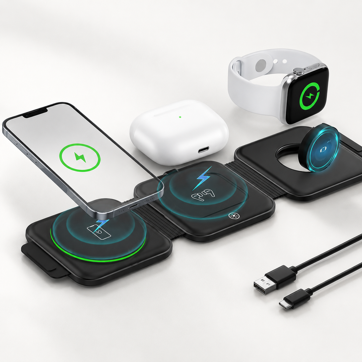 Premium 3-in-1 Wireless Charger Foldable MagSafe Compatible 15W Fast Charging Station Magnetic Portable Dock for Smartphone Watch Earbuds USB-C Holder