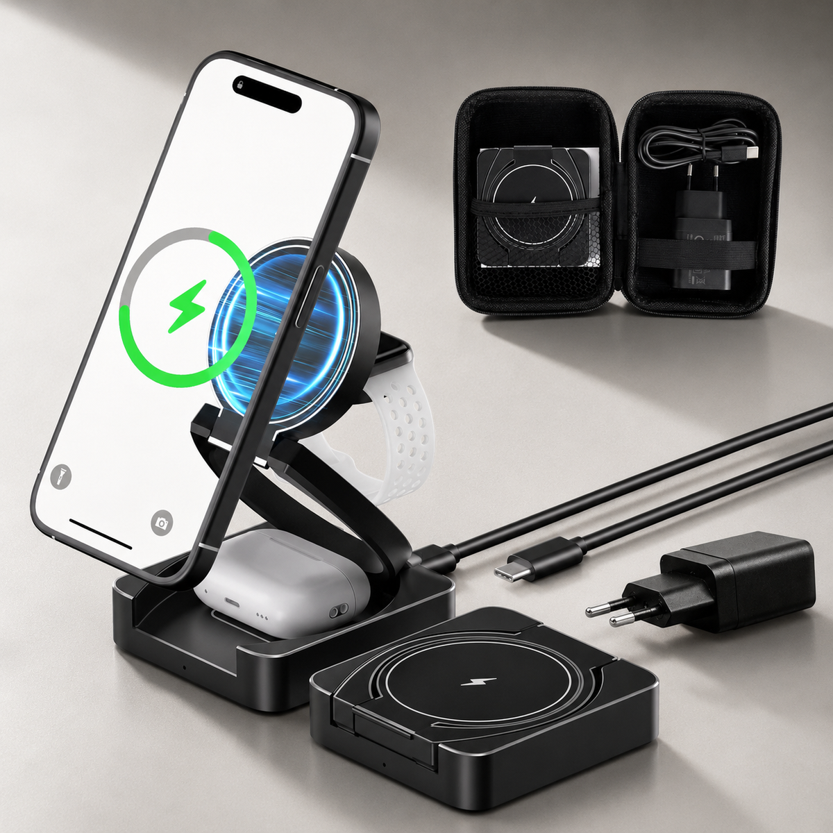 Premium 3-in-1 Wireless Charger Foldable MagSafe Compatible 15W Fast Charging Station Magnetic Portable Dock for Smartphone Watch Earbuds USB-C Holder