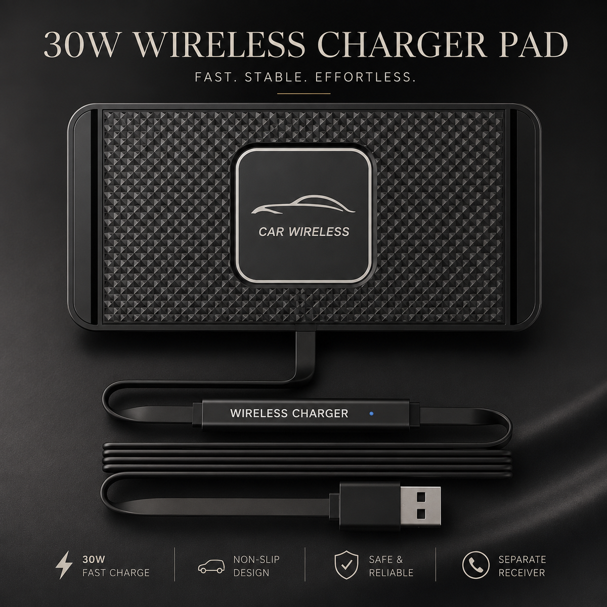 Premium 30W Wireless Car Charger Fast Charging Dashboard Pad Anti-Slip Silicone Smartphone Dock Stable In-Car Wireless Charging Support Daily Travel