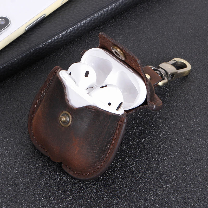 Premium AirPods Case Genuine Leather Protective Cover Shockproof Slim Design Keychain Clip Wireless Charging Compatible
