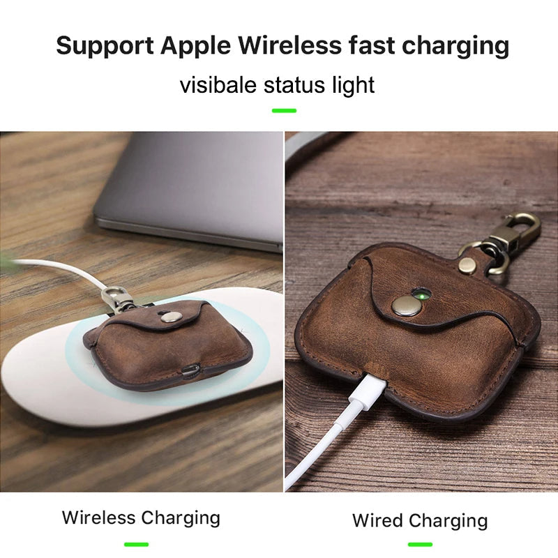 Premium AirPods Case Genuine Leather Protective Cover Shockproof Slim Design Keychain Clip Wireless Charging Compatible