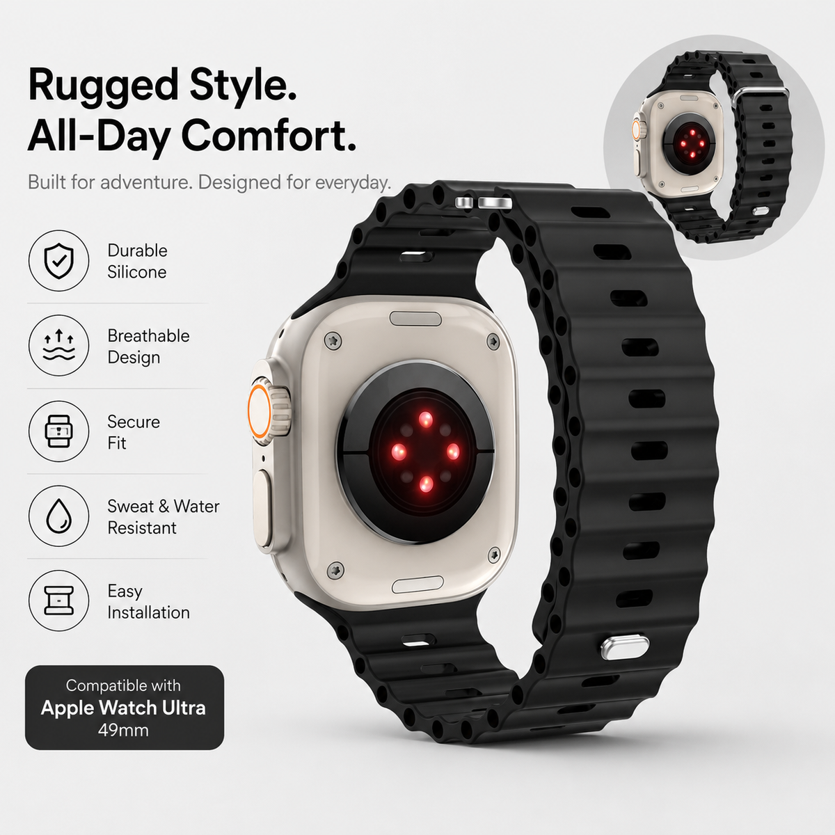 Premium Apple Watch Band Ocean Silicone Sport Strap Adjustable Soft Wristband Secure Fit Lightweight Durable Breathable Everyday Comfort All Day Wear