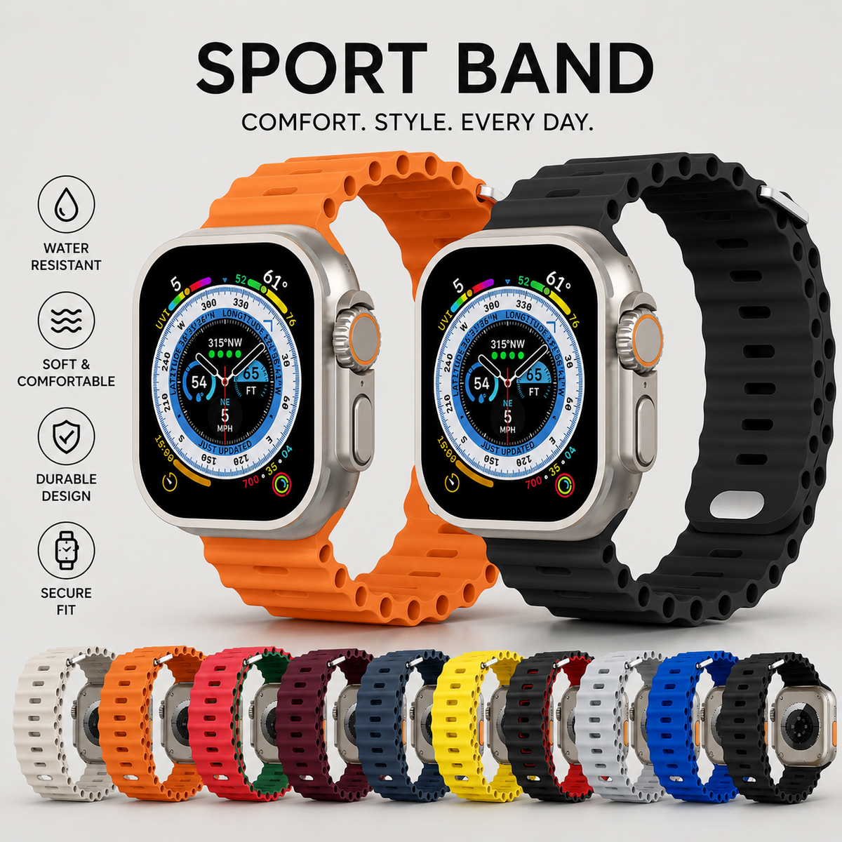 Premium Apple Watch Band Ocean Silicone Sport Strap Adjustable Soft Wristband Secure Fit Lightweight Durable Breathable Everyday Comfort All Day Wear