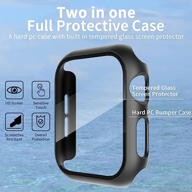 Premium Apple Watch Case Tempered Glass Screen Protector PC Bumper Shockproof Transparent Protective Cover