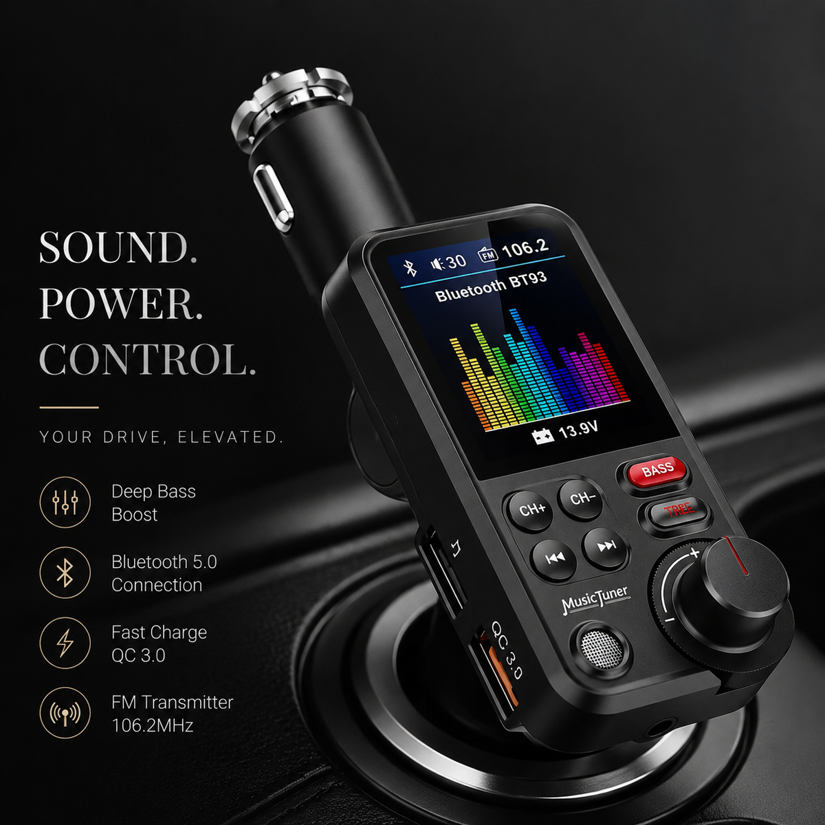 Premium Car Bluetooth FM Transmitter QC 3.0 Fast Charging USB Audio Adapter Hands Free Calling Wireless Music Player Compact Vehicle Accessory Hub