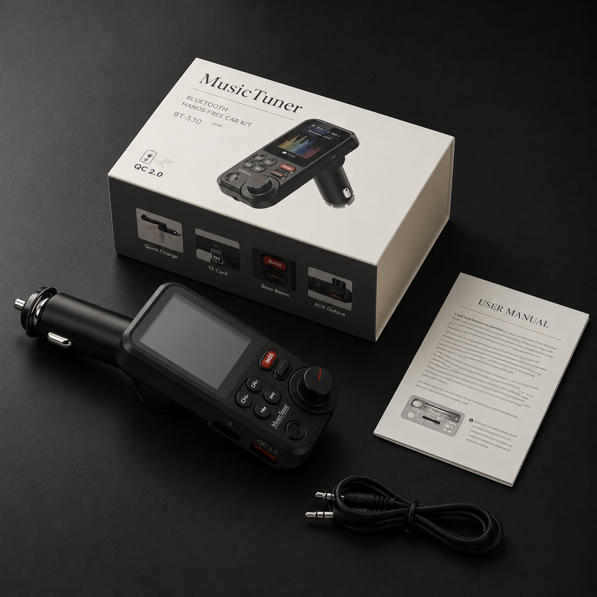 Premium Car Bluetooth FM Transmitter QC 3.0 Fast Charging USB Audio Adapter Hands Free Calling Wireless Music Player Compact Vehicle Accessory Hub