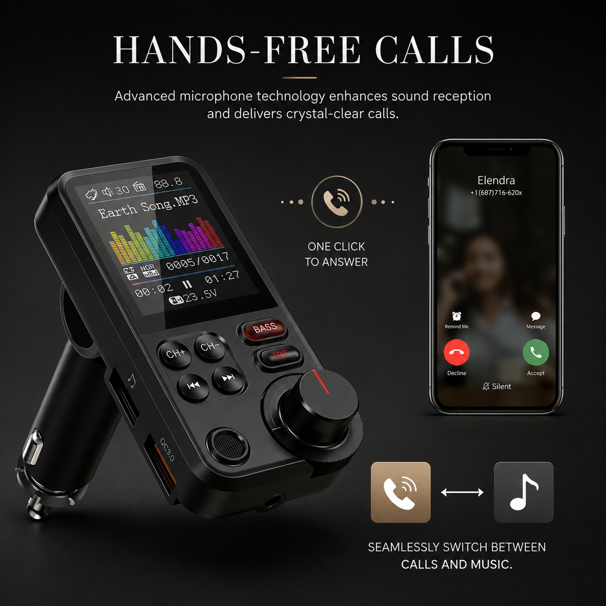 Premium Car Bluetooth FM Transmitter QC 3.0 Fast Charging USB Audio Adapter Hands Free Calling Wireless Music Player Compact Vehicle Accessory Hub