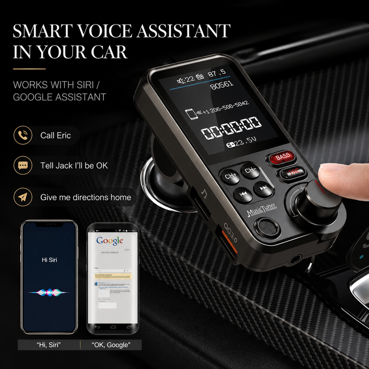 Premium Car Bluetooth FM Transmitter QC 3.0 Fast Charging USB Audio Adapter Hands Free Calling Wireless Music Player Compact Vehicle Accessory Hub