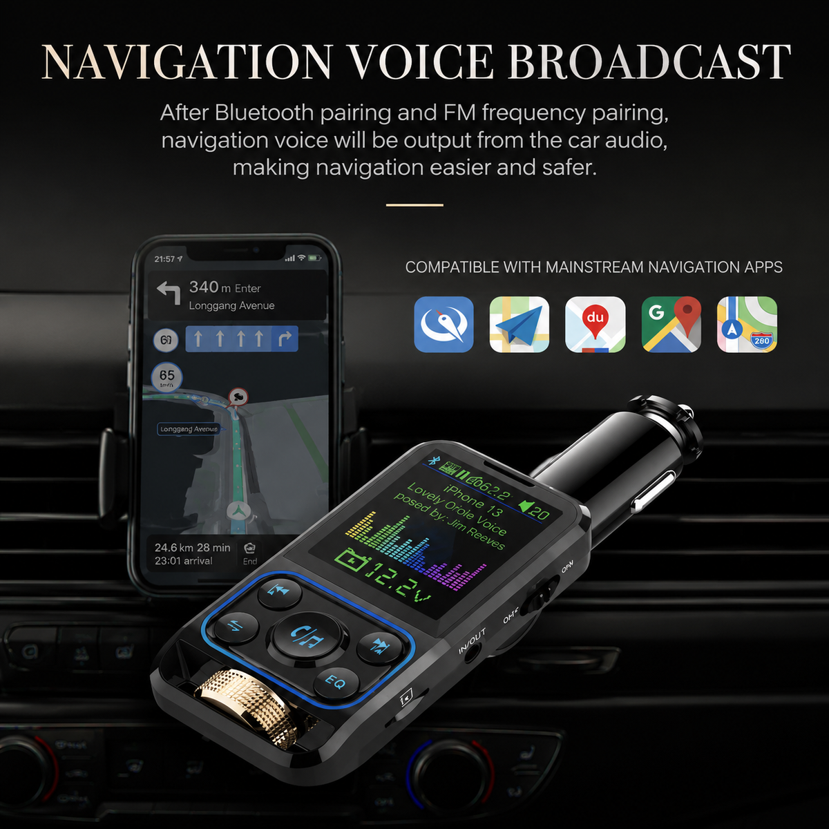 Premium Car Bluetooth FM Transmitter QC 3.0 Fast Charging USB Audio Adapter Hands Free Calling Wireless Music Player Compact Vehicle Accessory Hub
