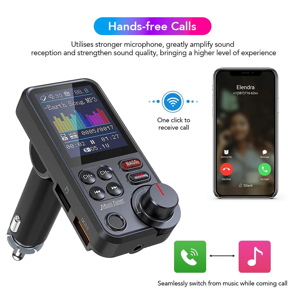 Premium Car Bluetooth FM Transmitter QC 3.0 Fast Charging USB Audio Adapter Hands-Free Music Player