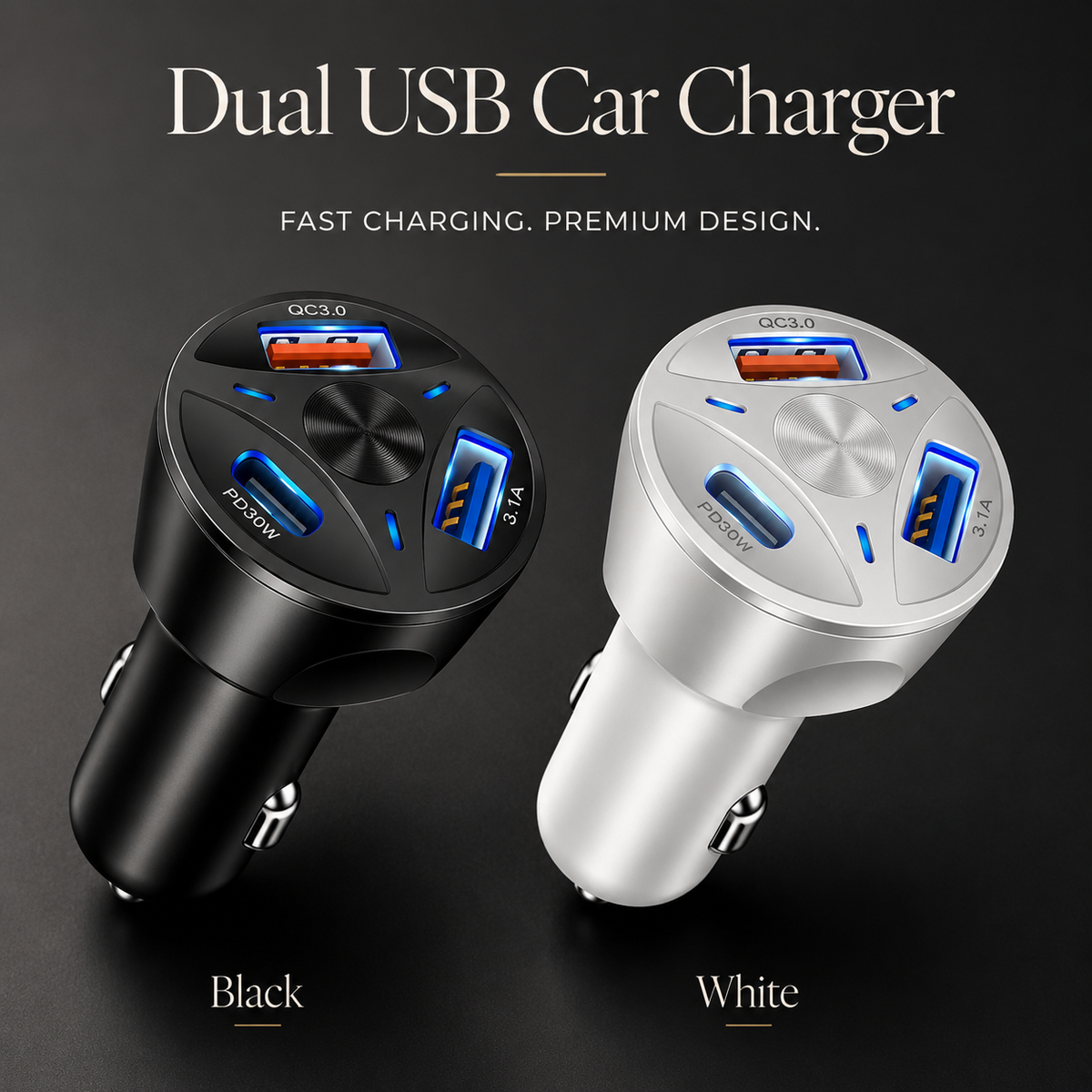 Premium Car Charger USB-C Fast Charging Adapter Multi Port 12V Socket High Speed Charging Hub Multi Device Power Adapter Compact Vehicle Travel Use