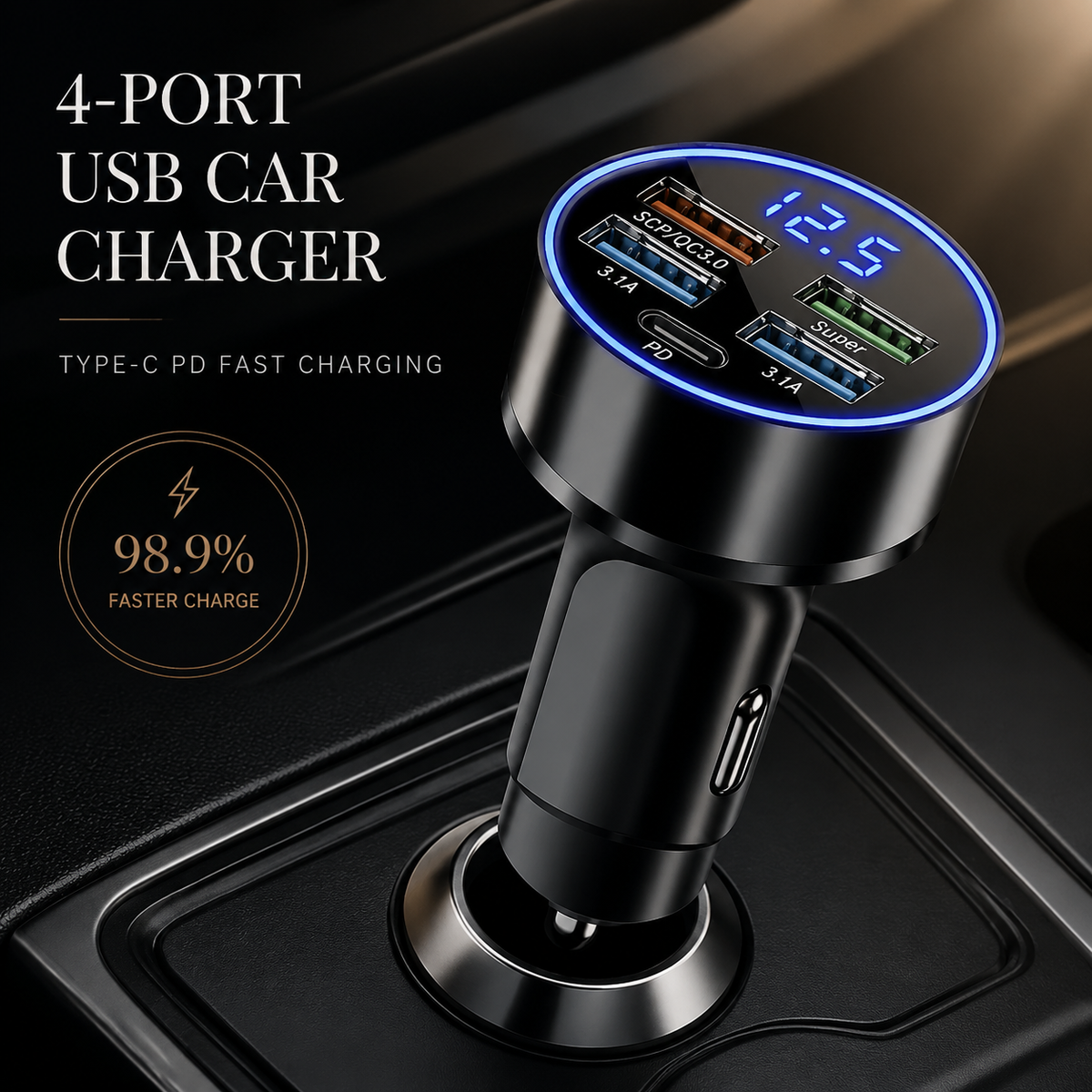 Premium Car Charger USB-C Fast Charging Adapter Multi Port 12V Socket High Speed Charging Hub Multi Device Power Adapter Compact Vehicle Travel Use
