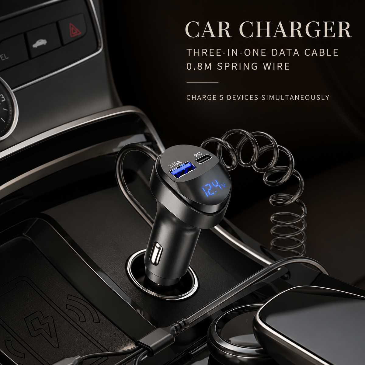 Premium Car Charger USB-C Fast Charging Adapter Multi Port 12V Socket High Speed Charging Hub Multi Device Power Adapter Compact Vehicle Travel Use