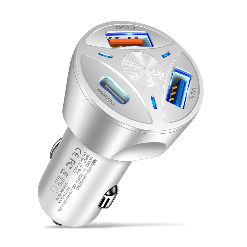 Premium Car Charger USB-C Multi Port Fast Charging Adapter 12V Socket High Speed Charging Hub