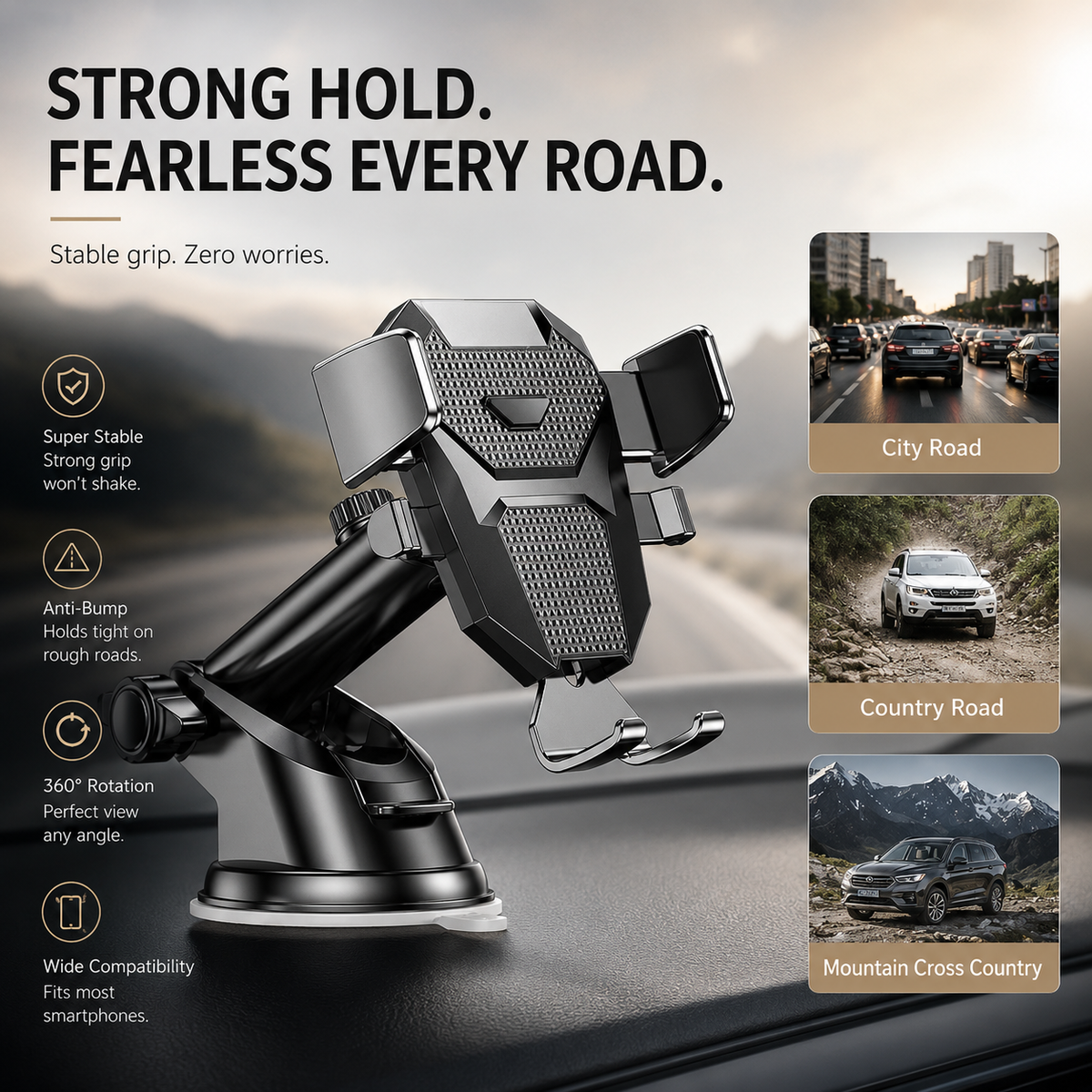 Premium Car Phone Mount Dashboard Windshield Suction Cup Holder 360 Rotation Secure Grip Adjustable Smartphone Stand Hands-Free Driving Mount Vehicle
