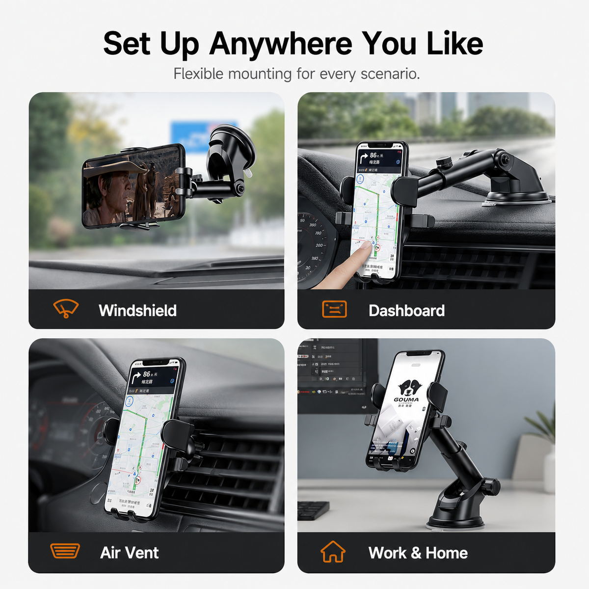 Premium Car Phone Mount Dashboard Windshield Suction Cup Holder 360 Rotation Secure Grip Adjustable Smartphone Stand Hands-Free Driving Mount Vehicle