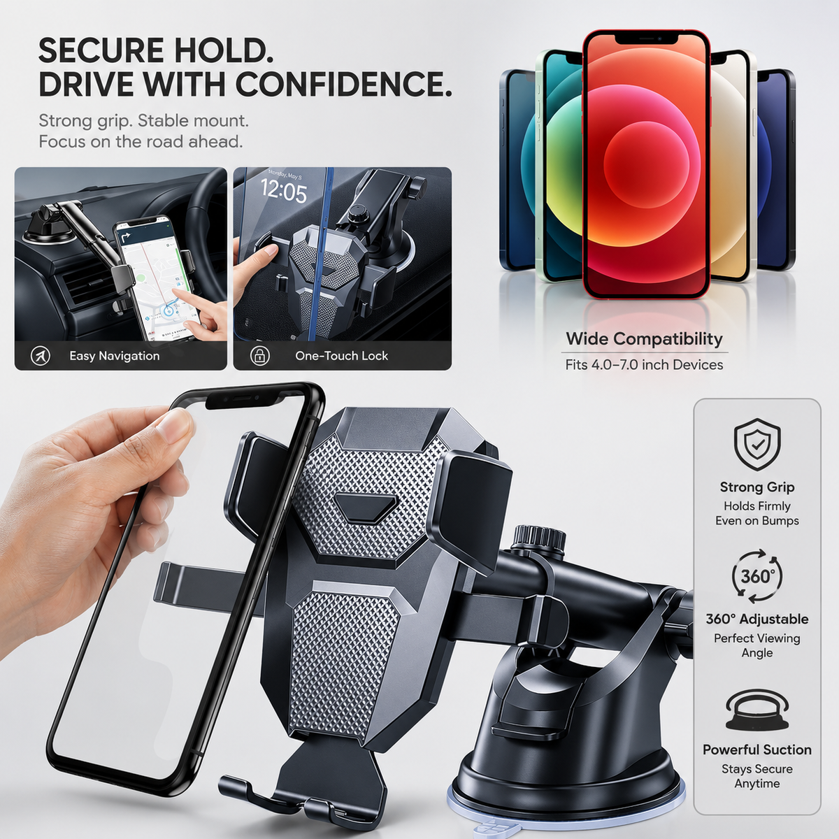 Premium Car Phone Mount Dashboard Windshield Suction Cup Holder 360 Rotation Secure Grip Adjustable Smartphone Stand Hands-Free Driving Mount Vehicle
