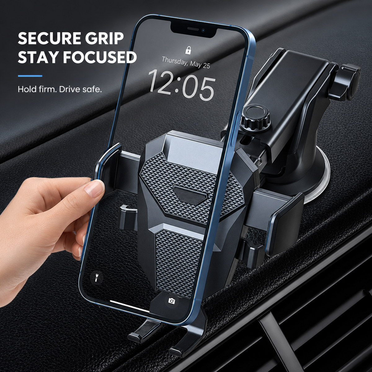 Premium Car Phone Mount Dashboard Windshield Suction Cup Holder 360 Rotation Secure Grip Adjustable Smartphone Stand Hands-Free Driving Mount Vehicle