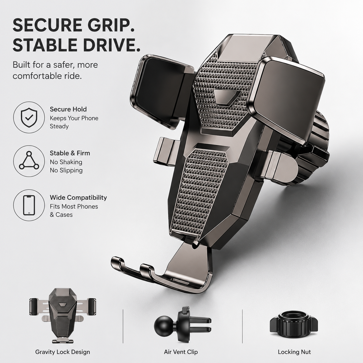 Premium Car Phone Mount Dashboard Windshield Suction Cup Holder 360 Rotation Secure Grip Adjustable Smartphone Stand Hands-Free Driving Mount Vehicle