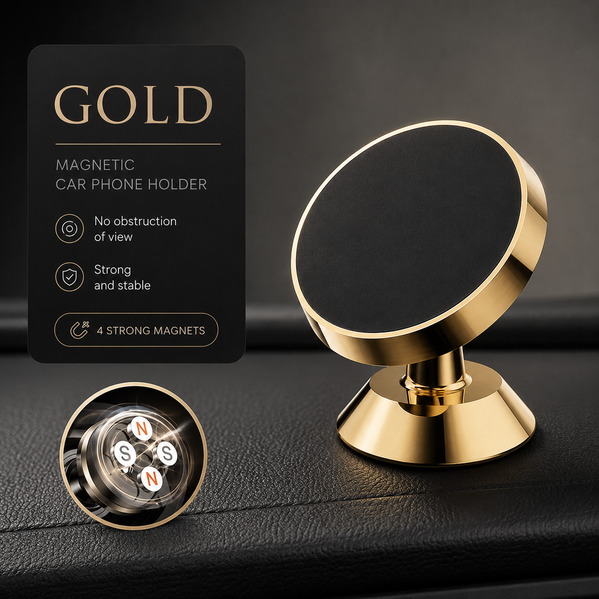 Premium Car Phone Mount Magnetic Dashboard Holder 360° Adjustable Rotation Secure Grip GPS Smartphone Stand Hands Free Universal Mount Design
