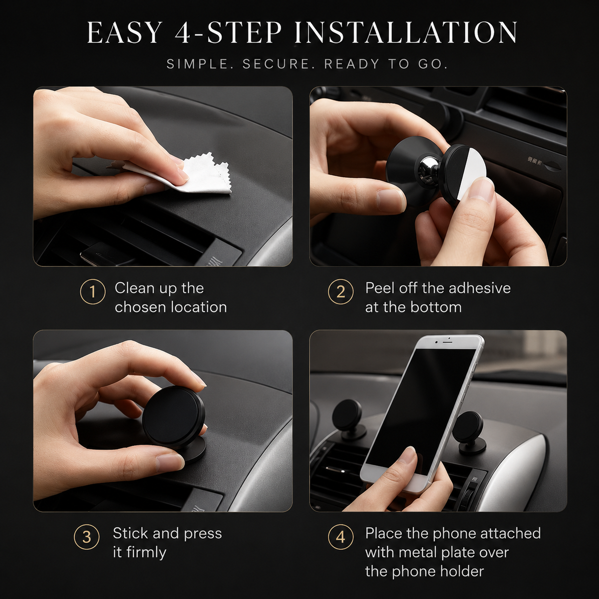 Premium Car Phone Mount Magnetic Dashboard Holder 360° Adjustable Rotation Secure Grip GPS Smartphone Stand Hands Free Universal Mount Design