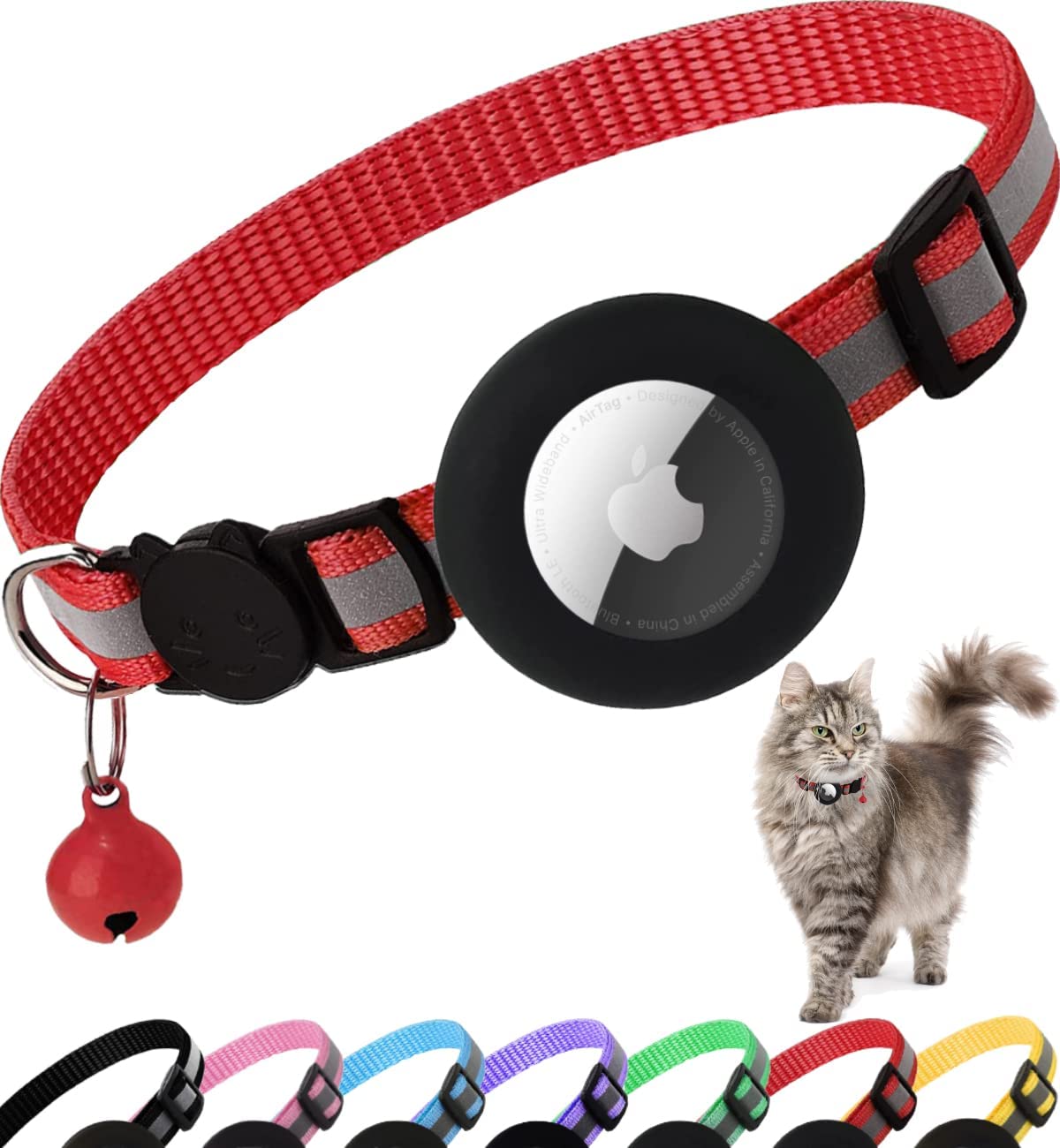 Premium Cat Collar AirTag Holder Reflective Adjustable Pet Collar Detachable Bell Lightweight Secure Fit