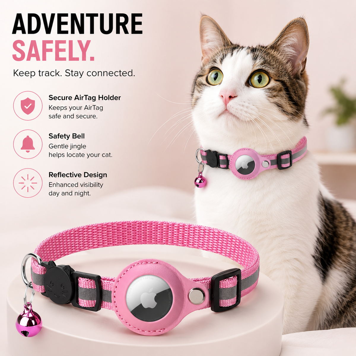 Premium Cat Collar AirTag Holder Reflective Adjustable Pet Collar Lightweight Secure Fit Detachable Bell Tracking Accessory Outdoor Safety Design