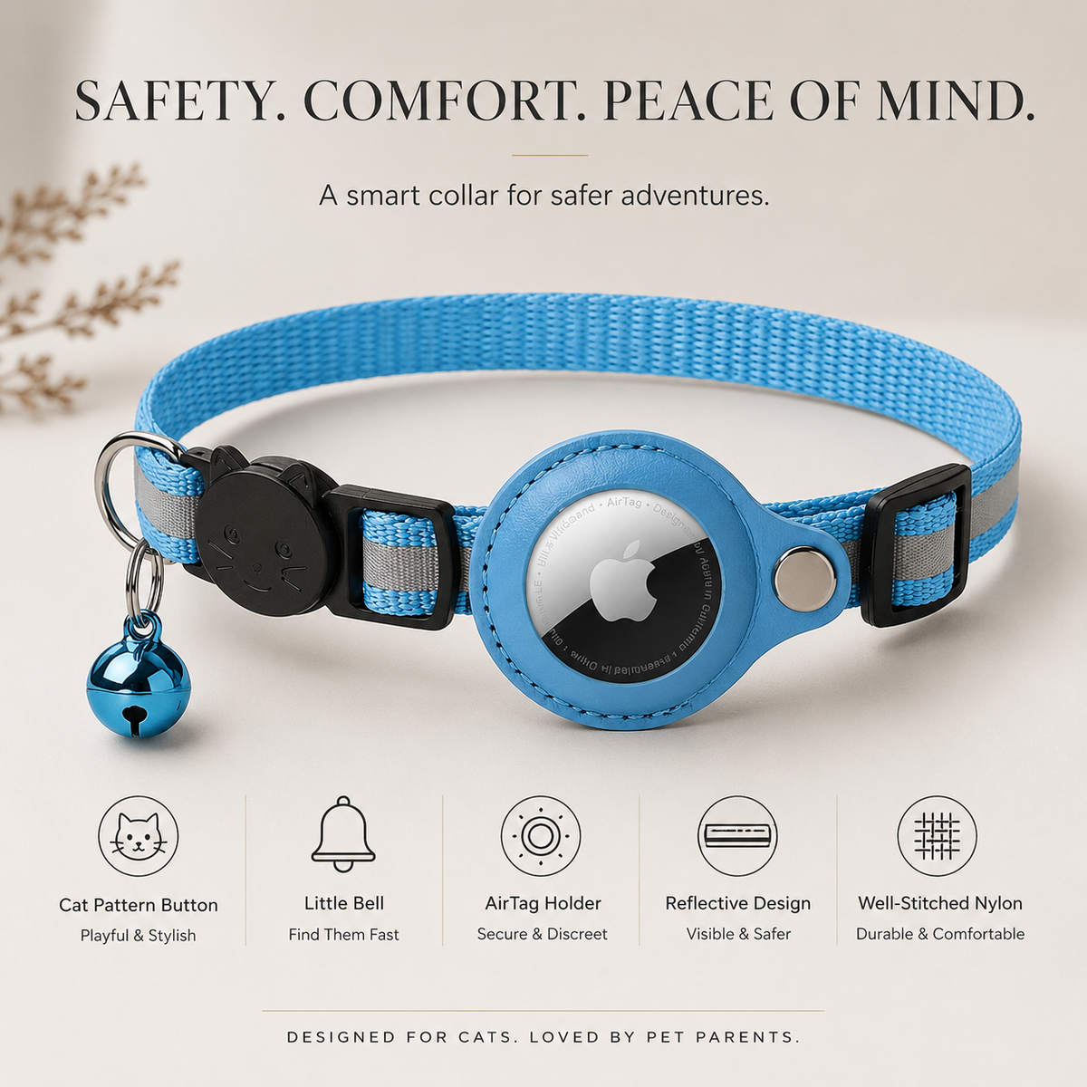 Premium Cat Collar AirTag Holder Reflective Adjustable Pet Collar Lightweight Secure Fit Detachable Bell Tracking Accessory Outdoor Safety Design