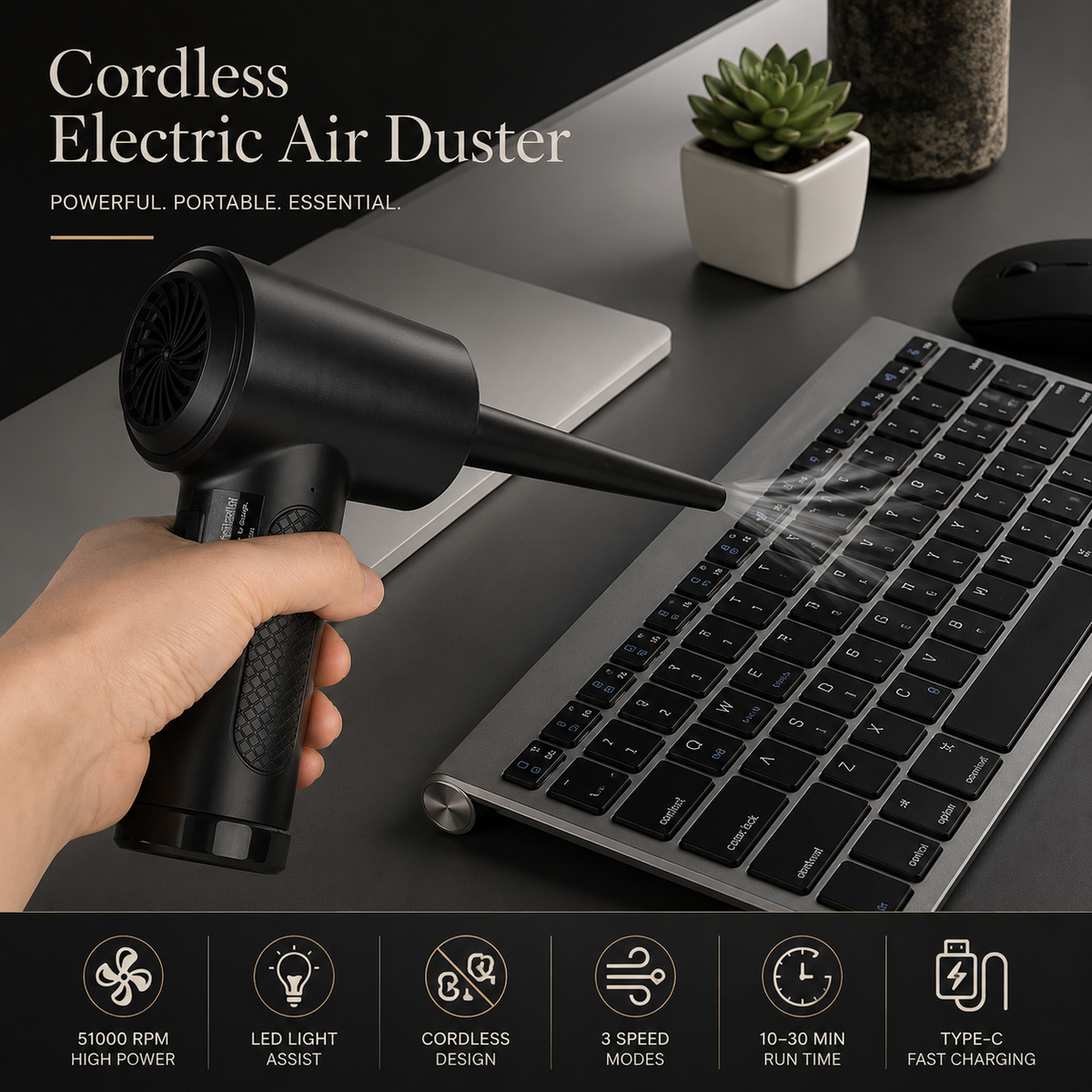 Premium Electric Air Duster Cordless Compressed Air Blower Keyboard Cleaner LED Light Reusable Cleaning Tool High Power Dust Remover Portable Use