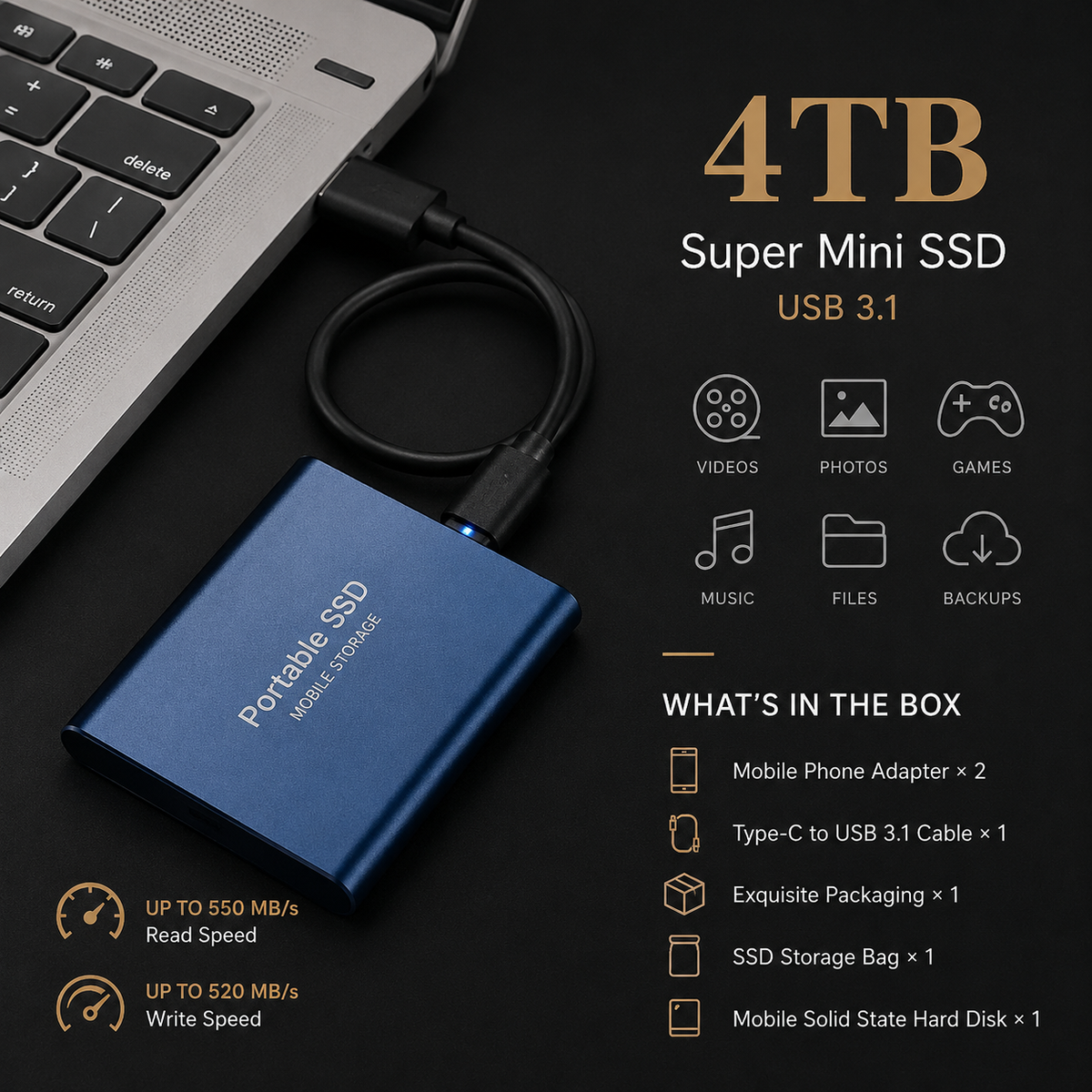 Premium External SSD Portable Storage Drive USB 3.1 High Speed Data Backup Solid State Drive Plug and Play Compact Multi Capacity Storage Fast Storage