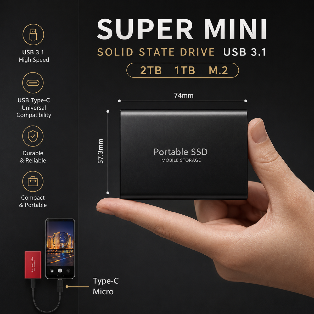 Premium External SSD Portable Storage Drive USB 3.1 High Speed Data Backup Solid State Drive Plug and Play Compact Multi Capacity Storage Fast Storage