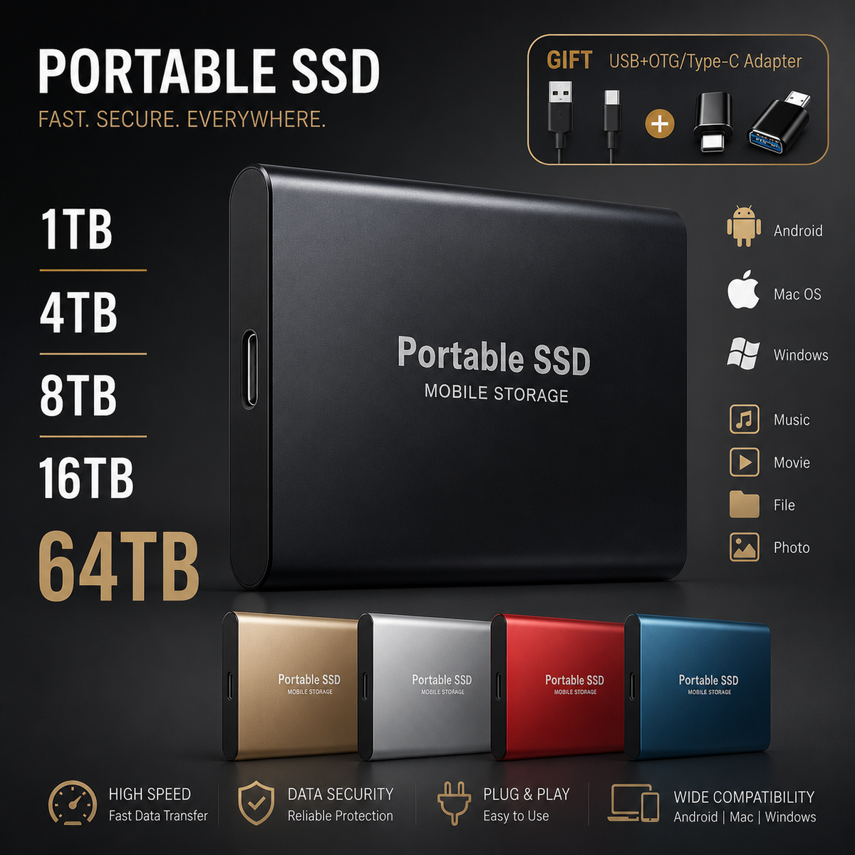 Premium External SSD Portable Storage Drive USB 3.1 High Speed Data Backup Solid State Drive Plug and Play Compact Multi Capacity Storage Fast Storage