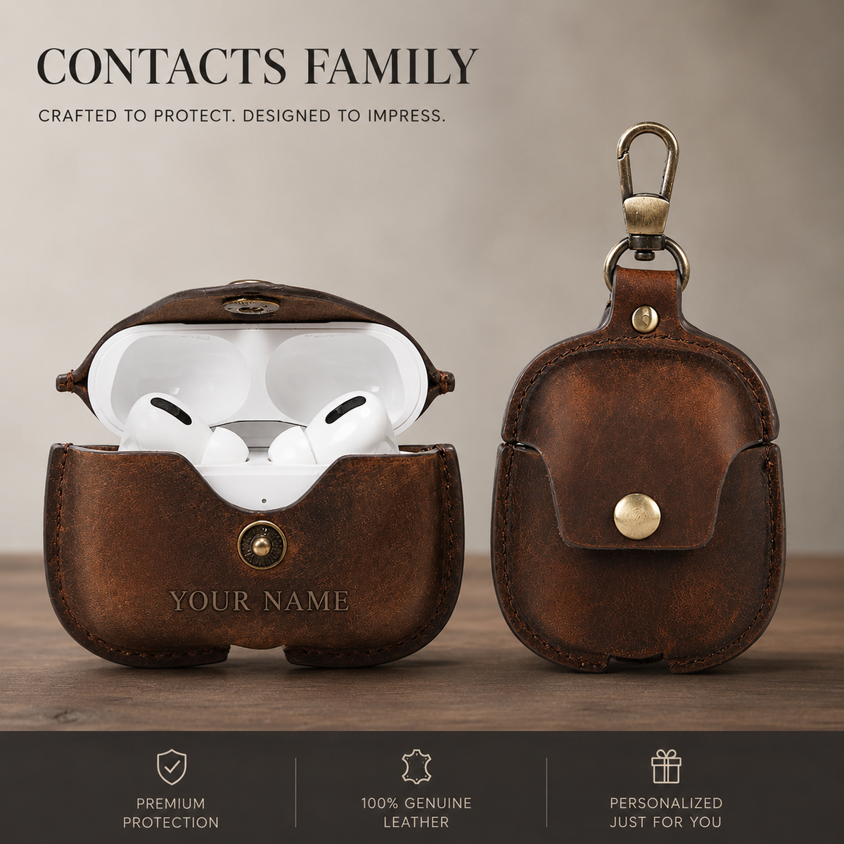 Premium Genuine Leather AirPods Case Shockproof Protective Cover Slim Design Keychain Clip Wireless Charging Compatible Lightweight Compact Portable