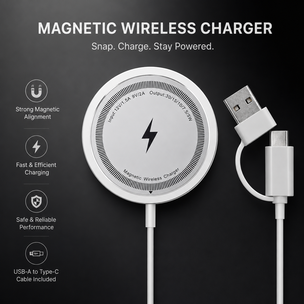 Premium MagSafe Compatible Magnetic Wireless Charger 30W Fast Wireless Charging Pad Slim Portable Dock for Smartphones and Earbuds Home Office Travel